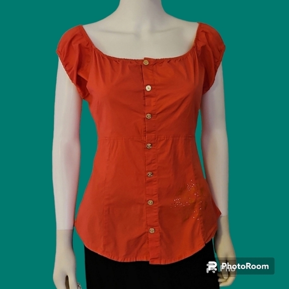 VTG APPLE BOTTOMS Coral Button Down Off Shoulder Babydoll Blouse XL - Picture 1 of 12